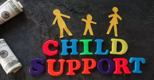 Paper dolls and money next to letters that spell out Child Support